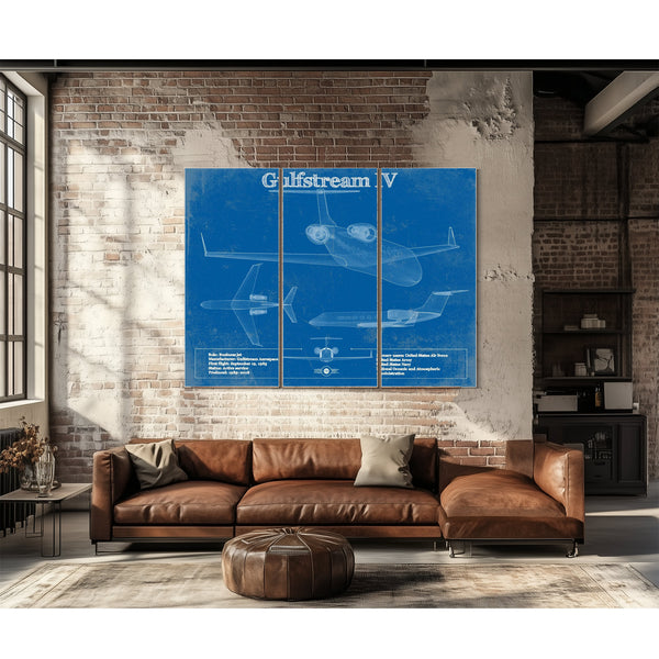 Gulfstream IV Jet Blueprint Aviation Print as a 3 panel canvas wrap above a leather sofa