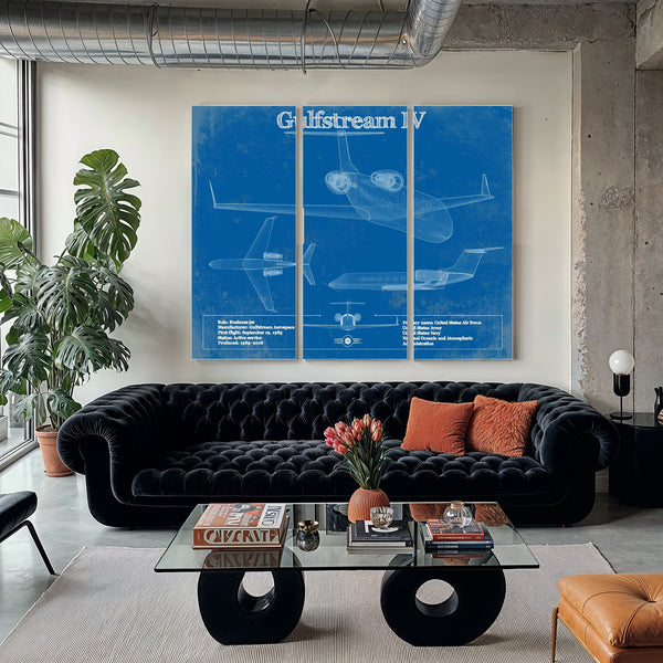 Gulfstream IV Jet Blueprint Aviation Print as a 3 panel canvas wrap in a modern living room