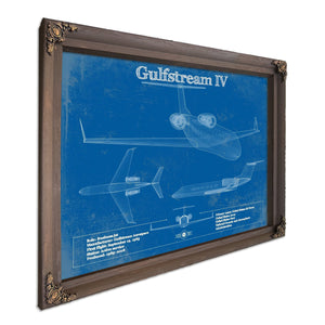 Gulfstream IV Jet Blueprint Aviation Print in a Bourbon stained wood frame with antique gold corners