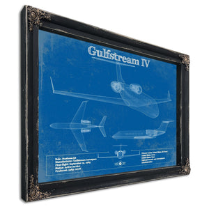 Gulfstream IV Jet Blueprint Aviation Print in a distressed Vintage Black wood frame with ornate corners
