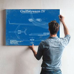 Gulfstream IV Jet Blueprint Aviation Print framed in Vintage Black above a mid-century record console