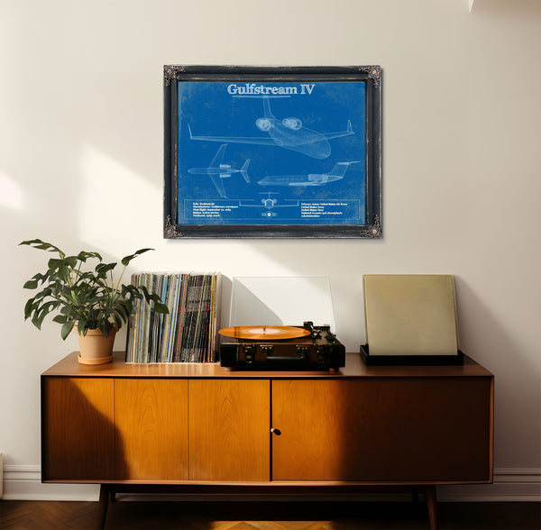 Gulfstream IV Jet Blueprint Aviation Print framed in Vintage Black in a loft bedroom