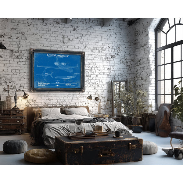 Gulfstream IV Jet Blueprint Aviation Print framed in Vintage Black in a farmhouse entryway