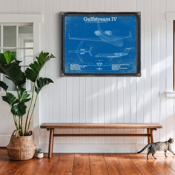 Gulfstream IV Jet Blueprint Aviation Print framed in Vintage Black above a rustic console table