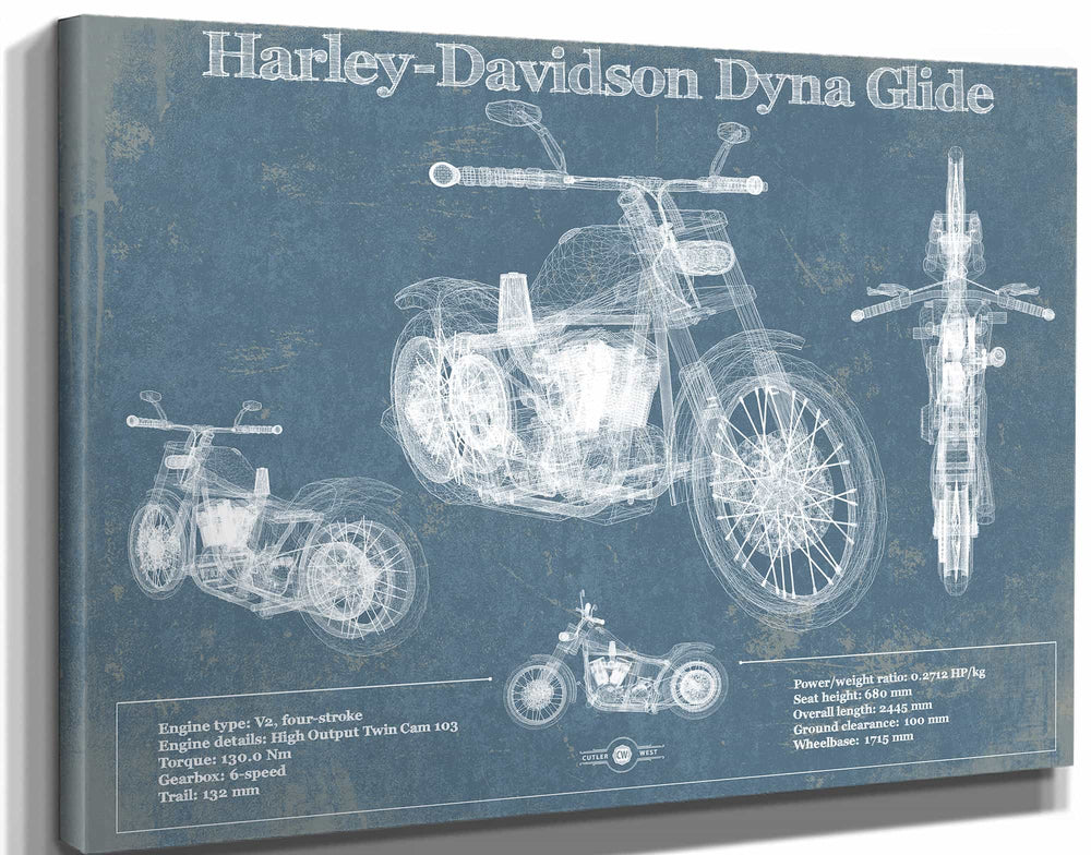 14" x 11" / Stretched Canvas Wrap Cutler West Harley-Davidson Dyna Glide Blueprint Motorcycle Patent Print