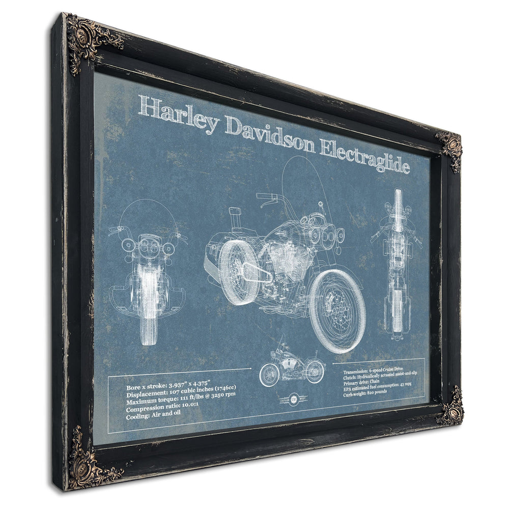 Harley Davidson ElectraGlide Print in a distressed Vintage Black wood frame with ornate corners