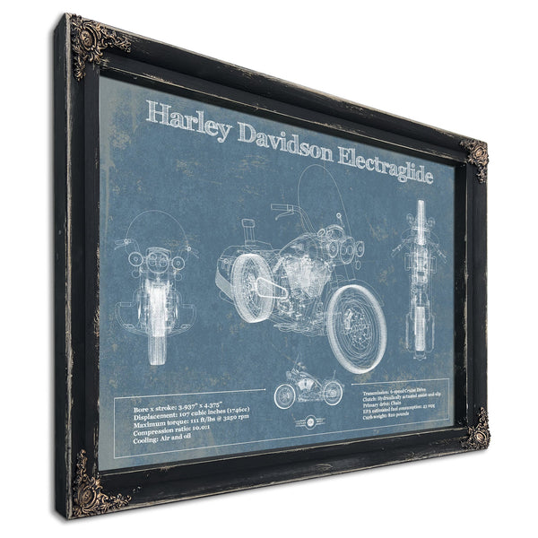 Harley Davidson ElectraGlide Print in a distressed Vintage Black wood frame with ornate corners