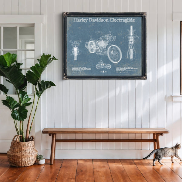 Harley Davidson ElectraGlide Print framed in Vintage Black above a rustic console table