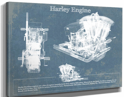 14" x 11" / Stretched Canvas Wrap Cutler West Harley-Davidson Engine Vintage Blueprint Motorcycle Engine Patent Print