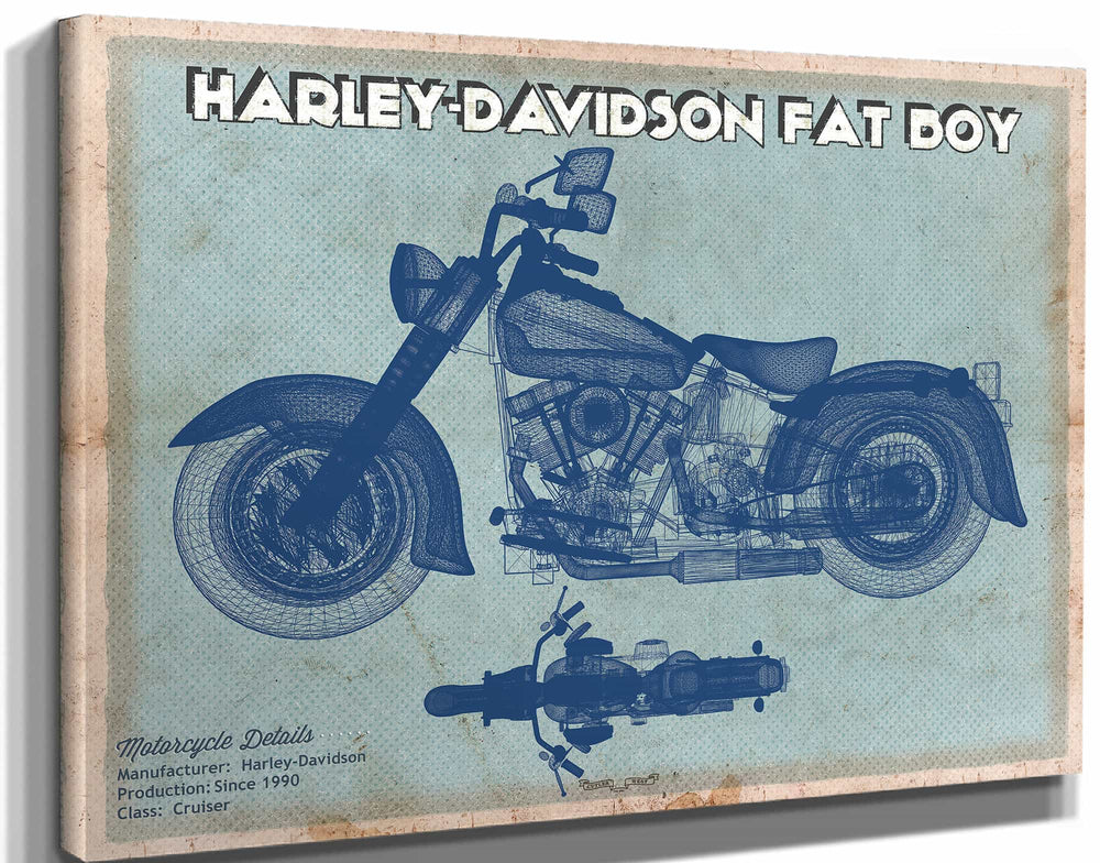 14" x 11" / Stretched Canvas Wrap Cutler West Harley-Davidson Fat Boy Blueprint Motorcycle Patent Print