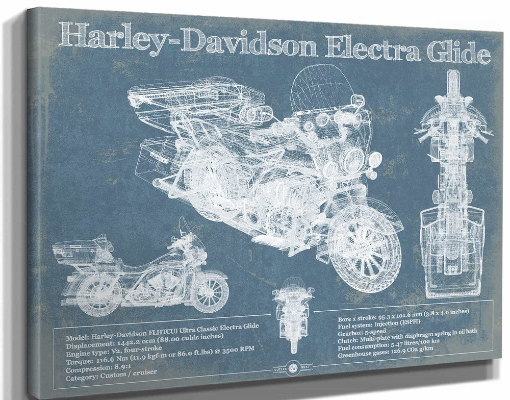 14" x 11" / Stretched Canvas Wrap Cutler West Harley-Davidson FLHTCUI Ultra Classic Electra Glide Vintage Motorcycle Patent Print