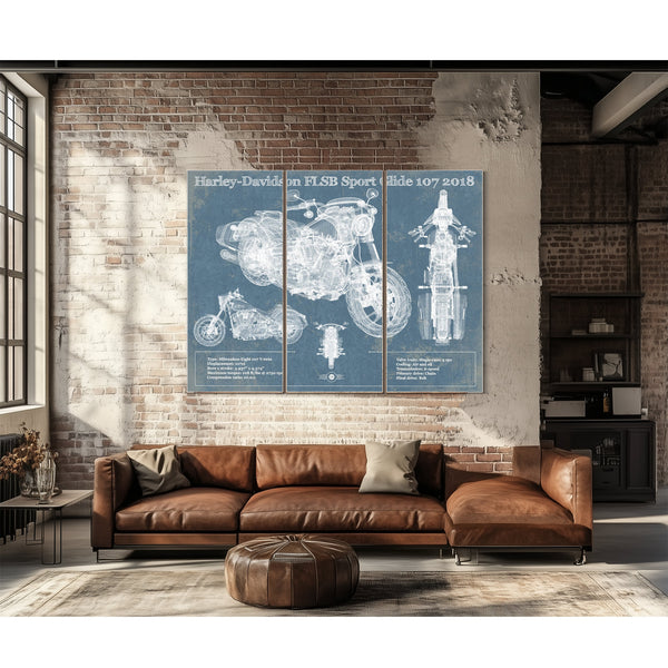 2018 Harley-Davidson FLSB Sport Glide 107 Print as a 3 panel canvas wrap above a leather sofa