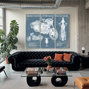 2018 Harley-Davidson FLSB Sport Glide 107 Print as a 3 panel canvas wrap in a modern living room