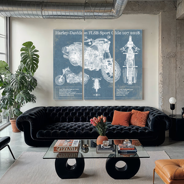 2018 Harley-Davidson FLSB Sport Glide 107 Print as a 3 panel canvas wrap in a modern living room