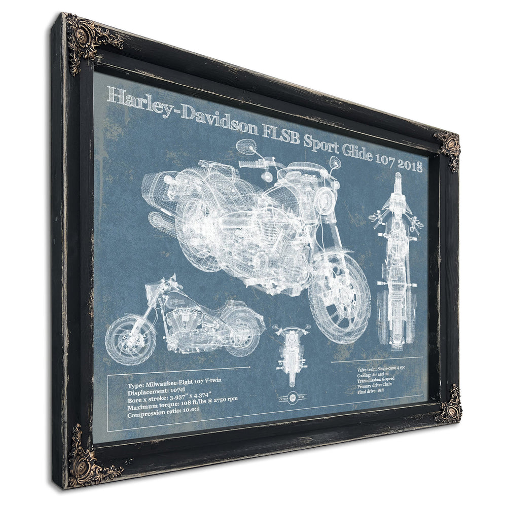 2018 Harley-Davidson FLSB Sport Glide 107 Print in a distressed Vintage Black wood frame with ornate corners