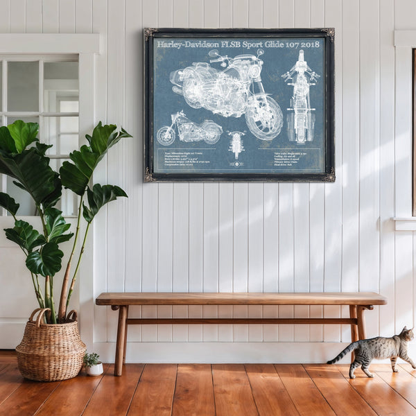 2018 Harley-Davidson FLSB Sport Glide 107 Print framed in Vintage Black above a rustic console table