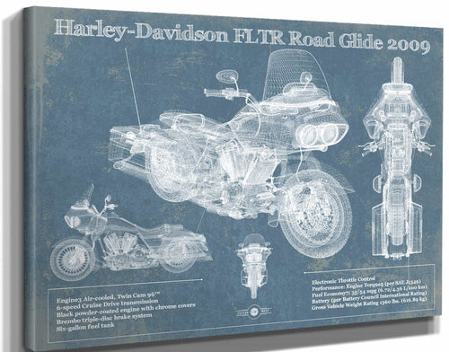 14" x 11" / Stretched Canvas Wrap Cutler West Harley-Davidson FLTR Road Glide 2009 Blueprint Motorcycle Patent Print
