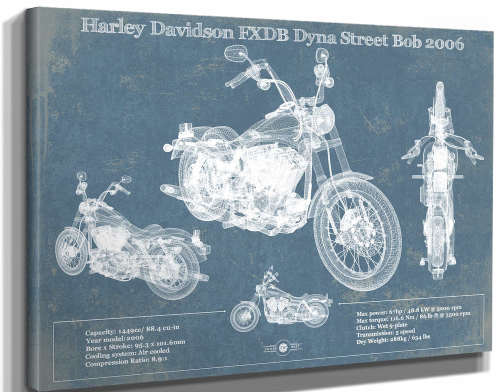 14" x 11" / Stretched Canvas Wrap Cutler West Harley Davidson FXDB Dyna Street Bob 2006 Blueprint Motorcycle Patent Print