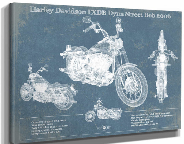 14" x 11" / Stretched Canvas Wrap Cutler West Harley Davidson FXDB Dyna Street Bob 2006 Blueprint Motorcycle Patent Print