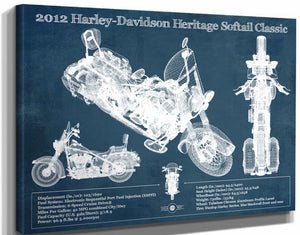 14" x 11" / Stretched Canvas Wrap Cutler West Harley Davidson Heritage Softail Classic 2012 Blueprint Vintage Motorcycle Print
