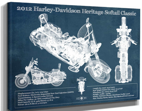 14" x 11" / Stretched Canvas Wrap Cutler West Harley Davidson Heritage Softail Classic 2012 Blueprint Vintage Motorcycle Print