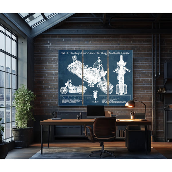 2012 Harley Davidson Heritage Softail Print as a 3 panel canvas wrap in an industrial loft office