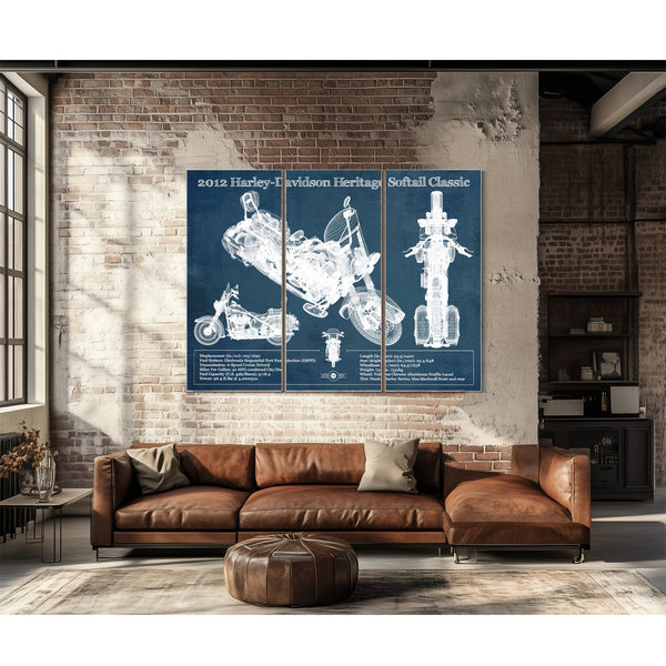 2012 Harley Davidson Heritage Softail Print as a 3 panel canvas wrap above a leather sofa