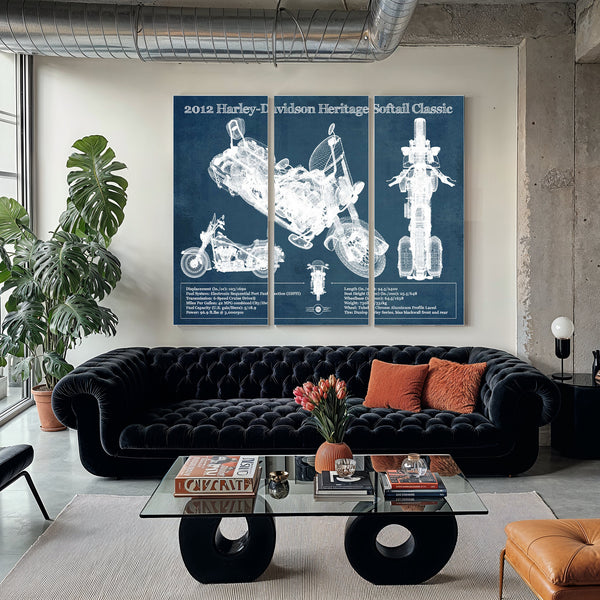 2012 Harley Davidson Heritage Softail Print as a 3 panel canvas wrap in a modern living room