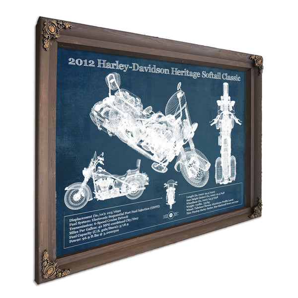 2012 Harley Davidson Heritage Softail Print in a Bourbon stained wood frame with antique gold corners
