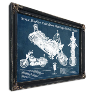 2012 Harley Davidson Heritage Softail Print in a distressed Vintage Black wood frame with ornate corners