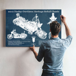 2012 Harley Davidson Heritage Softail Print framed in Vintage Black above a mid-century record console