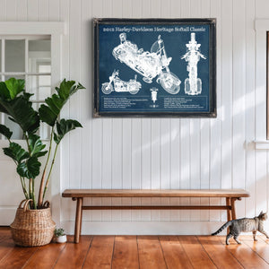 2012 Harley Davidson Heritage Softail Print framed in Vintage Black above a rustic console table