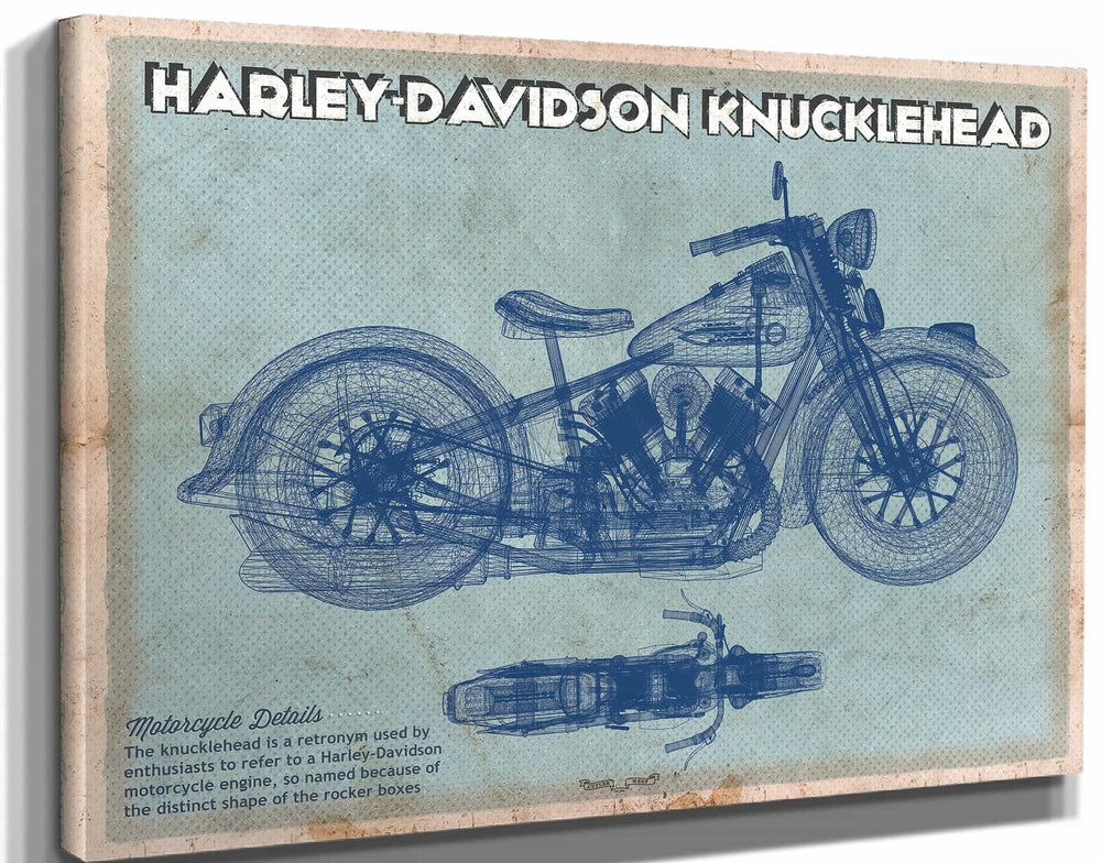 14" x 11" / Stretched Canvas Wrap Cutler West Harley-Davidson Knucklehead Blueprint Motorcycle Patent Print