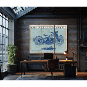 Harley-Davidson Knucklehead Print as a 3 panel canvas wrap in an industrial loft office