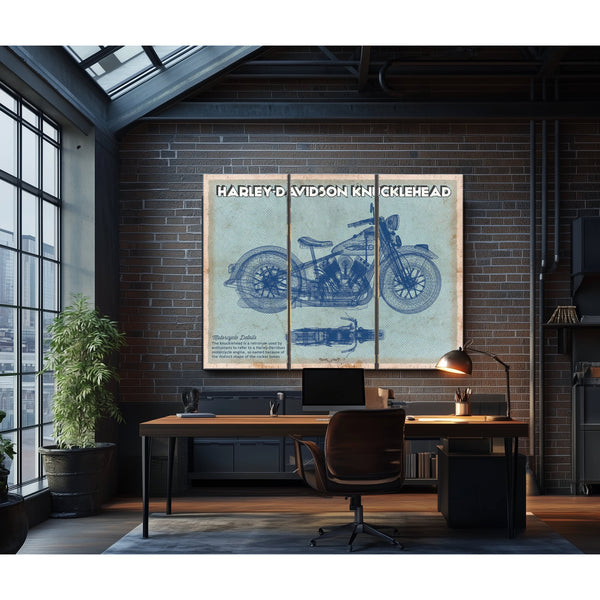 Harley-Davidson Knucklehead Print as a 3 panel canvas wrap in an industrial loft office