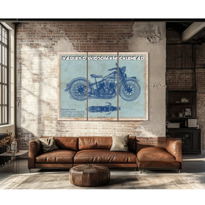 Harley-Davidson Knucklehead Print as a 3 panel canvas wrap above a leather sofa