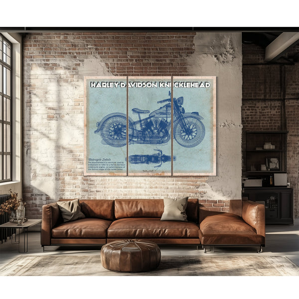 Harley-Davidson Knucklehead Print as a 3 panel canvas wrap above a leather sofa