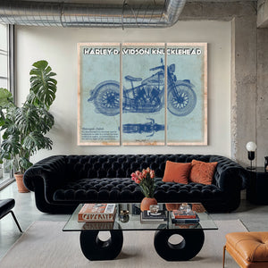 Harley-Davidson Knucklehead Print as a 3 panel canvas wrap in a modern living room