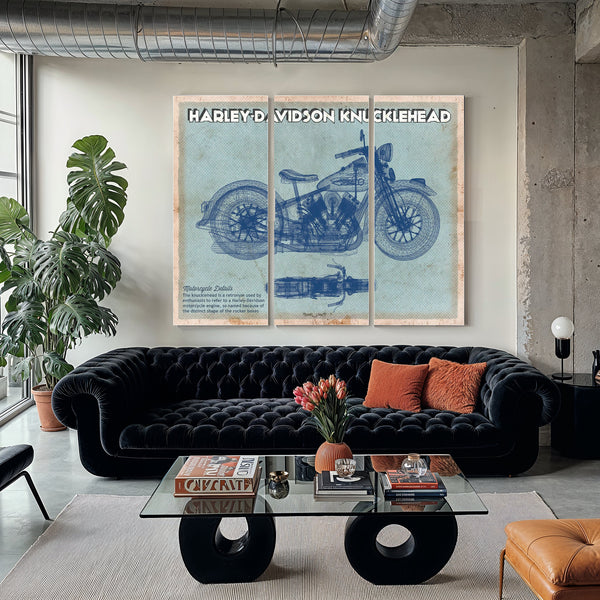 Harley-Davidson Knucklehead Print as a 3 panel canvas wrap in a modern living room