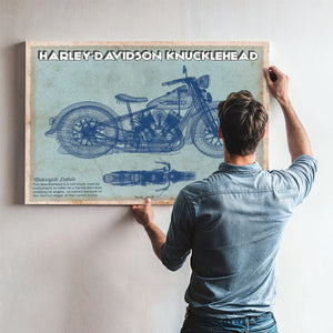Harley-Davidson Knucklehead Print framed in Vintage Black above a mid-century record console