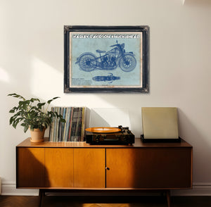 Harley-Davidson Knucklehead Print framed in Vintage Black in a loft bedroom