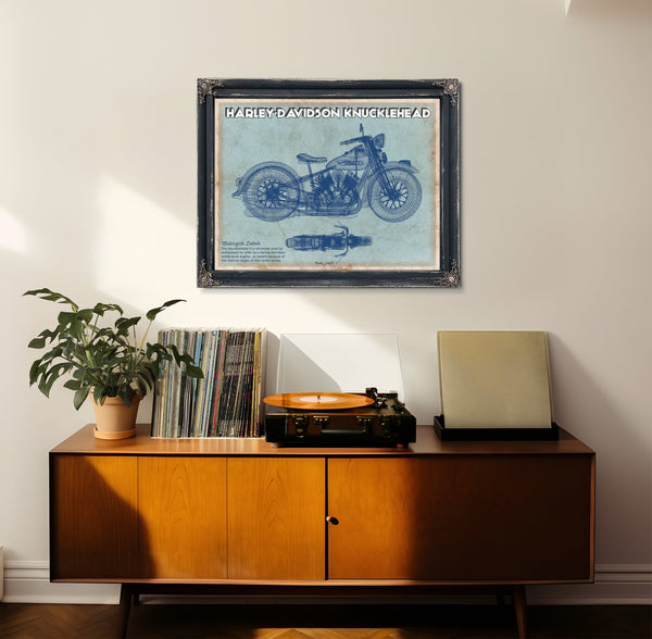 Harley-Davidson Knucklehead Print framed in Vintage Black in a loft bedroom