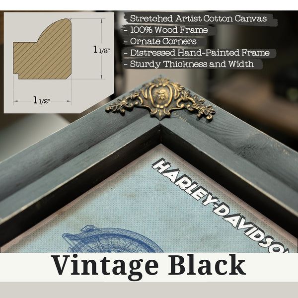 Vintage Black frame corner detail, 1.5 inch ornate wood moulding, Harley-Davidson Knucklehead Print