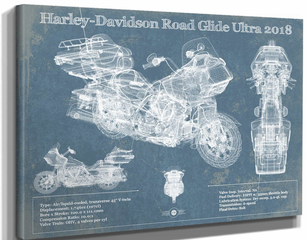 14" x 11" / Stretched Canvas Wrap Cutler West Harley-Davidson Road Glide Ultra 2018 Blueprint Motorcycle Patent Print