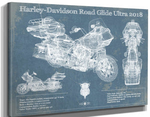 14" x 11" / Stretched Canvas Wrap Cutler West Harley-Davidson Road Glide Ultra 2018 Blueprint Motorcycle Patent Print