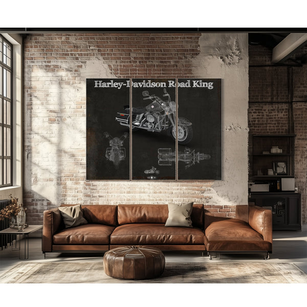 Harley-Davidson Road King Print as a 3 panel canvas wrap above a leather sofa
