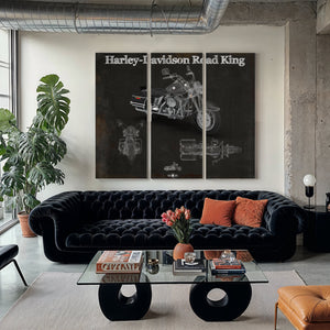 Harley-Davidson Road King Print as a 3 panel canvas wrap in a modern living room