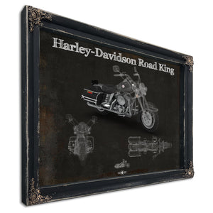 Harley-Davidson Road King Print in a distressed Vintage Black wood frame with ornate corners