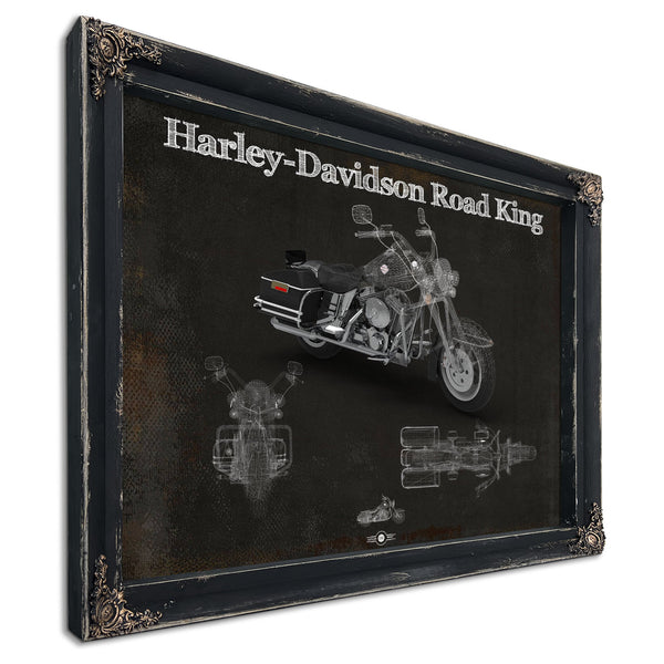 Harley-Davidson Road King Print in a distressed Vintage Black wood frame with ornate corners