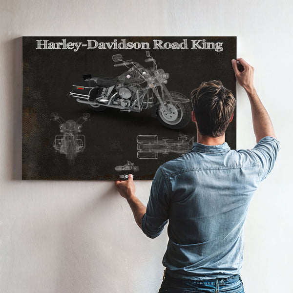 Harley-Davidson Road King Print framed in Vintage Black above a mid-century record console